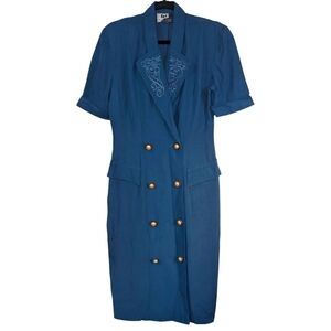 Vintage  Blue Double-Breasted Dress with Embroidery